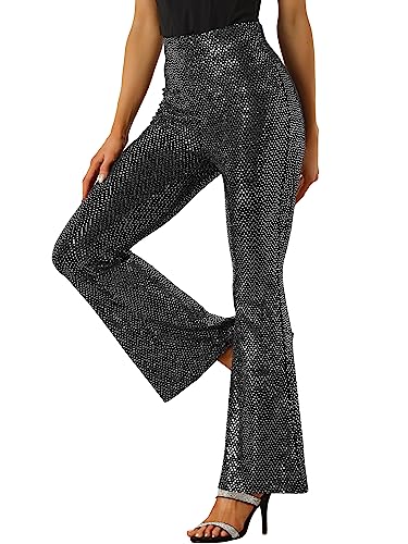 Allegra K Damen Pailletten Hose Glitzernde Stretch Lang Schlag Hose Silber Schwarz L von Allegra K