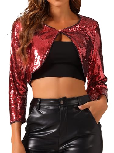Allegra K Damen Pailletten Jacke Bolero Glitzernde Party Langarm Shrug Cardigan mit Offener Vorderseite Rot L von Allegra K