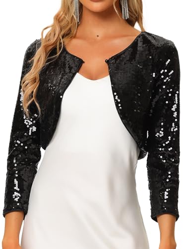 Allegra K Damen Pailletten Jacke Bolero Glitzernde Party Langarm Shrug Cardigan mit Offener Vorderseite Schwarz L von Allegra K