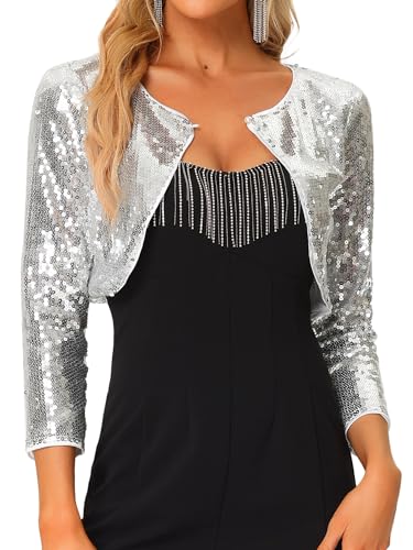 Allegra K Damen Pailletten Jacke Bolero Glitzernde Party Langarm Shrug Cardigan mit Offener Vorderseite Silber M von Allegra K