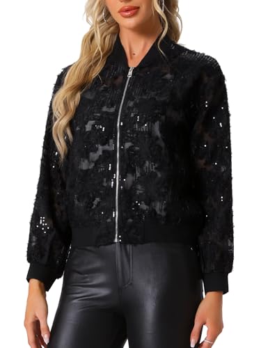 Allegra K Damen Pailletten Jacke Langärm Reißverschluss Glitzernde Party Bomberjacke Schwarz S von Allegra K