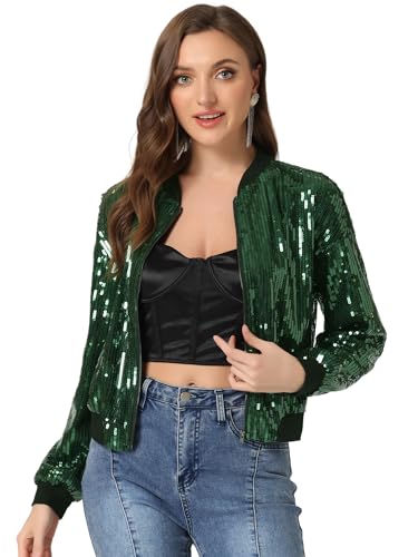 Allegra K Damen Glitzer Jacke Bomberjacke Pailletten Bomber Jacke Langarm Party Club Metallic Sequin Jacken Dunkelgrüne L von Allegra K