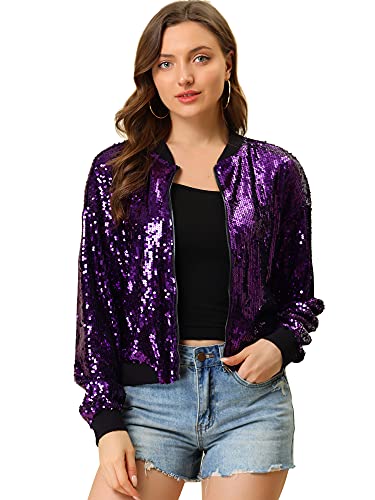 Allegra K Damen Bomberjacke Pailletten Jacke Langarm Party Club Metallic Glitzer Sequin Jacken Lila S von Allegra K