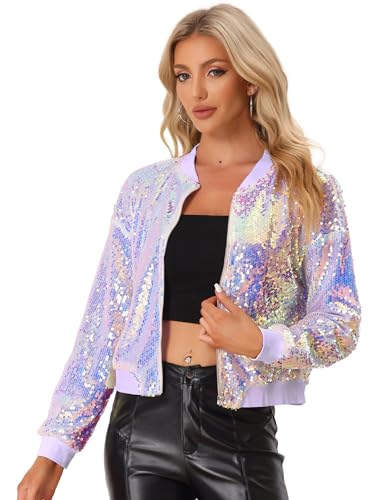 Allegra K Damen Glitzer Jacke Bomberjacke Pailletten Bomber Jacke Langarm Party Club Metallic Sequin Jacken Weiß Blau S von Allegra K