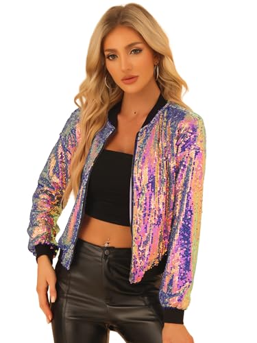 Allegra K Damen Bomberjacke Pailletten Jacke Langarm Party Club Metallic Glitzer Sequin Jacken Weiß Lila L von Allegra K