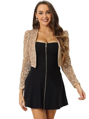 Allegra K Damen Pailletten Jacke Langarm Party Club Offen Glitzer Cardigan Kurzjacke Glitzer Bolero Champagner-Gold L von Allegra K