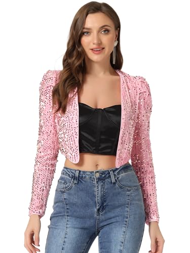 Allegra K Damen Pailletten Jacke Langarm Party Club Offen Glitzer Cardigan Kurzjacke Glitzer Bolero Rosa M von Allegra K