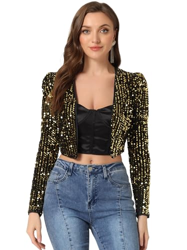 Allegra K Damen Pailletten Jacke Langarm Party Club Offen Glitzer Cardigan Kurzjacke Glitzer Bolero Schwarz Gold L von Allegra K