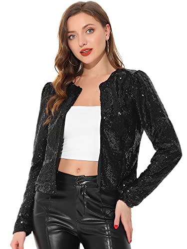 Allegra K Damen Pailletten Jacke Langarm Party Club Offen Glitzer Cardigan Metallic Jacket Schwarz XS von Allegra K