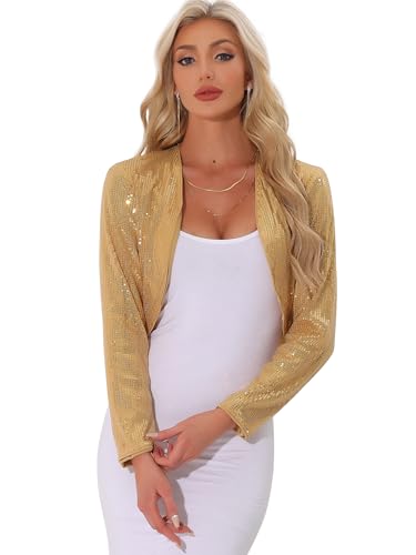 Allegra K Damen Weihnachten-Kostüm Pailletten Jacke Party Vorne Offen Kurz Glitzernder Bolero Gold L von Allegra K