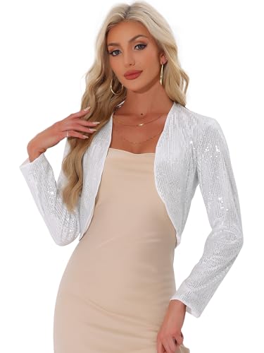 Allegra K Damen Weihnachten-Kostüm Pailletten Jacke Party Vorne Offen Kurz Glitzernder Bolero Silber XS von Allegra K
