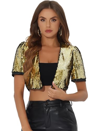 Allegra K Damen Pailletten Metallic Jacke Langarm Offen Front Party Glitzer Sequin Crop Bolero Gold M von Allegra K