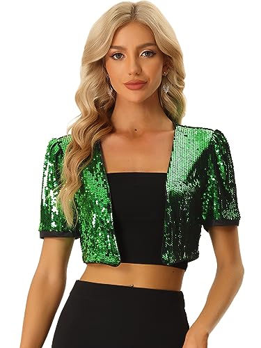 Allegra K Damen Pailletten Metallic Jacke Langarm Offen Front Party Glitzer Sequin Crop Bolero Grün XL von Allegra K