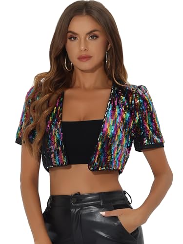Allegra K Damen Halloween Pailletten Metallic Jacke Langarm Offen Front Party Glitzer Sequin Crop Bolero Regenbogen M von Allegra K