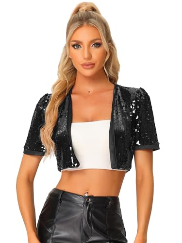 Allegra K Damen Pailletten Metallic Jacke Langarm Offen Front Party Glitzer Sequin Crop Bolero Schwarz L von Allegra K