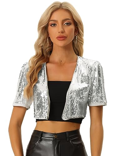 Allegra K Damen Pailletten Metallic Jacke Langarm Offen Front Party Glitzer Sequin Crop Bolero Silber S von Allegra K