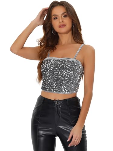 Allegra K Damen Pailletten Oberteil Ärmellos Tanktop Spaghettiträger Glitzer Cami Party Crop Top Graues Silber M von Allegra K