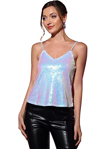 Allegra K Damen Pailletten Oberteil Glitzer Top Spaghetti Party Club Camisole Metallic Festival Shirt Top Holografisch XS von Allegra K