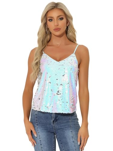 Allegra K Damen Pailletten Oberteil Glitzer Top Spaghetti Party Club Camisole Metallic Festival Shirt Top Weiß Blau Silber XS von Allegra K