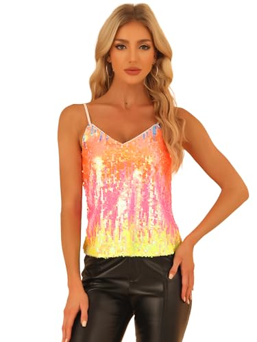 Allegra K Damen Pailletten Oberteil Glitzer Top Spaghetti Party Club Camisole Metallic Festival Shirt Top Weiß Orange Blau M von Allegra K