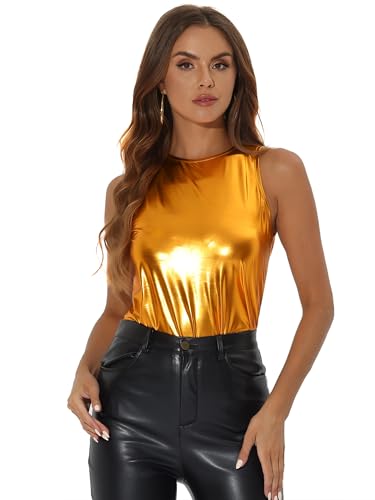 Allegra K Damen Pailletten Oberteil Metallic Glitzer Ärmellos Club Party Camisole Tank-Tops Orange L von Allegra K