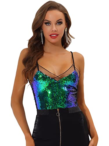 Allegra K Damen Pailletten Oberteil Top Ärmellos Glitzer Party Club Cami Bluse Grün M von Allegra K