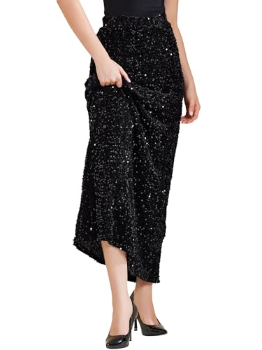 Allegra K Damen Pailletten-Samtrock Elastische Taille Funkelnder Party Maxirock Schwarz L von Allegra K