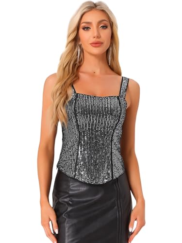 Allegra K Damen Pailletten Tank Tops Funkelndes Glitzer Ärmelloses Camisole Korsett Top Schwarz XL von Allegra K