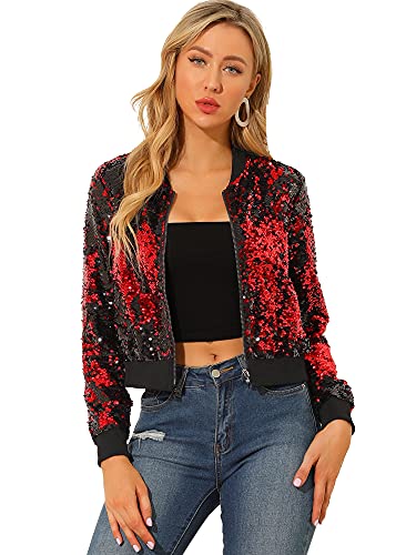 Allegra K Damen Paillettenjacke Langarm Cropped Reißverschluss Party Glitzer Bomber Sparkly Jacken, Rot/Ausflug, einfarbig (Getaway Solids), M von Allegra K