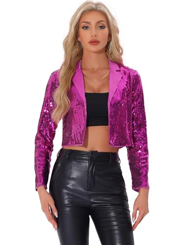 Allegra K Damen Weihnachten-Kostüm Paillettenjacke Party Reverskragen Vorne Offen Kurz Funkelnder Blazer Strickjacke Pink S von Allegra K