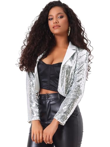 Allegra K Damen Weihnachten-Kostüm Paillettenjacke Party Reverskragen Vorne Offen Kurz Funkelnder Blazer Strickjacke Silber L von Allegra K