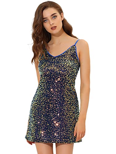 Allegra K Damen Paillettenkleid Ärmellos V-Ausschnitt Party Spaghetti Trägerkleid Glitzer Metallic Minikleid Blaus XS von Allegra K