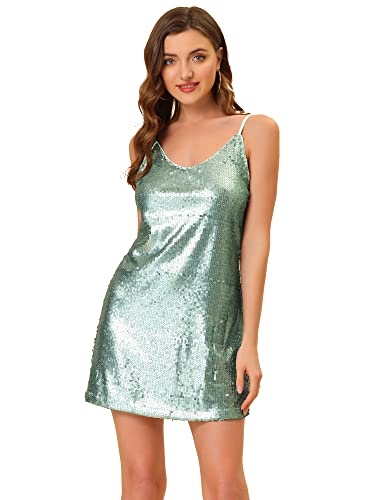 Allegra K Damen Paillettenkleid Ärmellos V-Ausschnitt Party Spaghetti Trägerkleid Glitzer Metallic Minikleid Hellgrün L von Allegra K