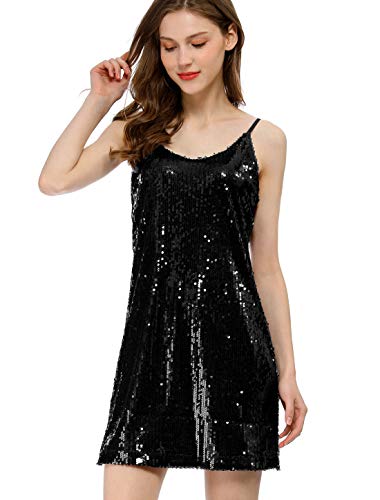 Allegra K Damen Paillettenkleid Ärmellos V-Ausschnitt Party Spaghetti Trägerkleid Glitzer Metallic Minikleid Schwarz L von Allegra K