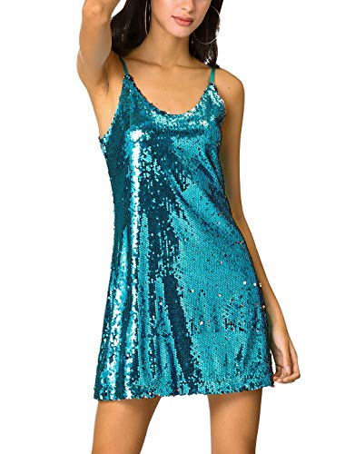 Allegra K Damen Paillettenkleid Ärmellos V-Ausschnitt Party Spaghetti Trägerkleid Glitzer Metallic Minikleid Wasser Blau M von Allegra K