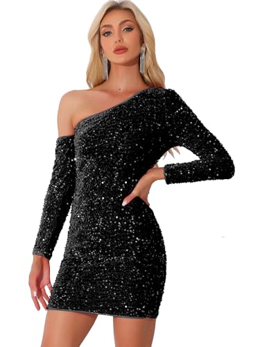 Allegra K Damen Paillettenkleid One-Shoulder Party Cocktailkleid Schwarz L von Allegra K