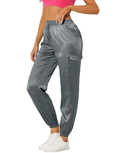 Allegra K Damen Satin Pants Eastisch Seidig Satinhose Kordelzug Cargohose Hose Dunkel Grau L von Allegra K