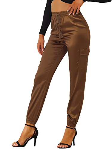 Allegra K Damen Satin Pants Eastisch Seidig Satinhose Kordelzug Cargohose Hose Kaffee S von Allegra K