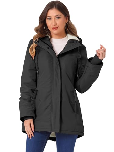Allegra K Damen Parka-Mantel mit Bindegürtel Taschen Kunstpelz-Kapuze Schwarz XL von Allegra K