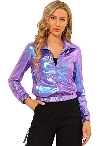 Allegra K Damen Party Blouson Langarm Reißverschluss Club Holographic Metallic Jacke Blau Lila XXL von Allegra K