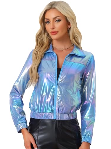 Allegra K Damen Party Jacke Langarm Reißverschluss Club Holographic Metallic Jacken Blaue L von Allegra K