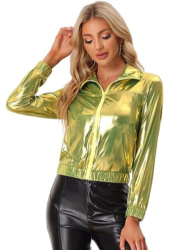Allegra K Damen Party Jacke Langarm Reißverschluss Club Holographic Metallic Jacken Grün Golden M von Allegra K