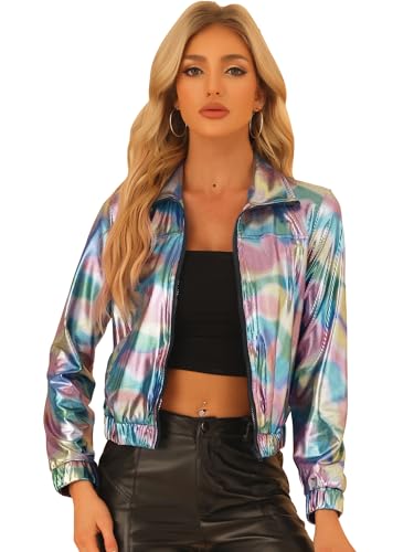 Allegra K Damen Party Blouson Langarm Reißverschluss Club Holographic Metallic Jacke Schwarze Mehrfarbig XS von Allegra K