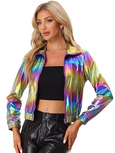 Allegra K Damen Party Blouson Langarm Reißverschluss Club Holographic Metallic Jacke Lila Mehrfarbig M von Allegra K