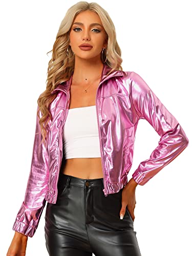 Allegra K Damen Party Jacke Langarm Reißverschluss Club Holographic Metallic Jacken Rosa S von Allegra K