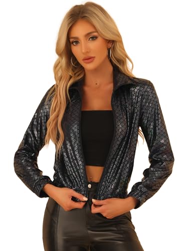 Allegra K Damen Party Blouson Langarm Reißverschluss Club Holographic Metallic Jacke Schwarz Mehrfarbig M von Allegra K