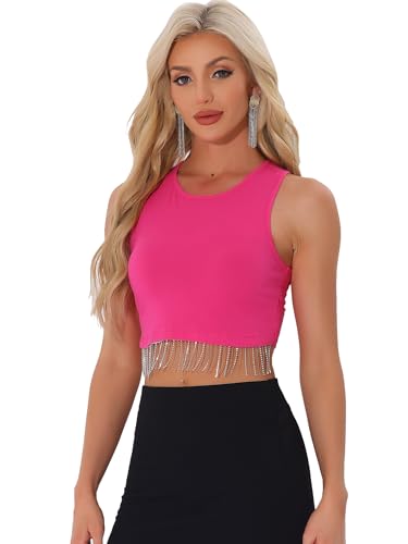 Allegra K Damen Party Crop Tank Tops Strass Fransen Pullover Rundhals Ärmelloses Oberteil Bluse Pink M von Allegra K