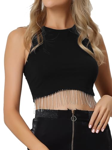 Allegra K Damen Party Crop Tank Tops Strass Fransen Pullover Rundhals Ärmelloses Oberteil Bluse Schwarz S von Allegra K