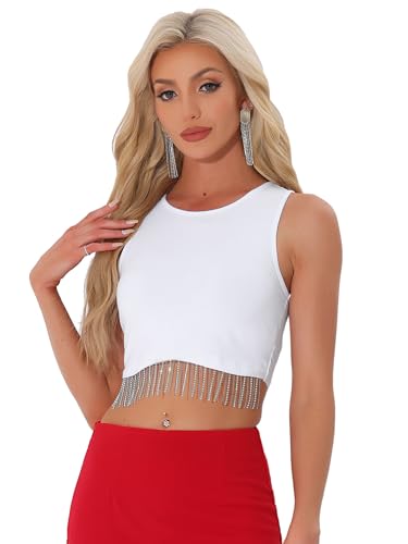 Allegra K Damen Party Crop Tank Tops Strass Fransen Pullover Rundhals Ärmelloses Oberteil Bluse Weiß XL von Allegra K
