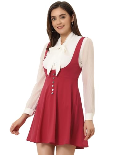 Allegra K Damen Party Ferien A-Linie U Neck Knopfdekor Latzkleid Minikleid Kleid Tiefrot M von Allegra K